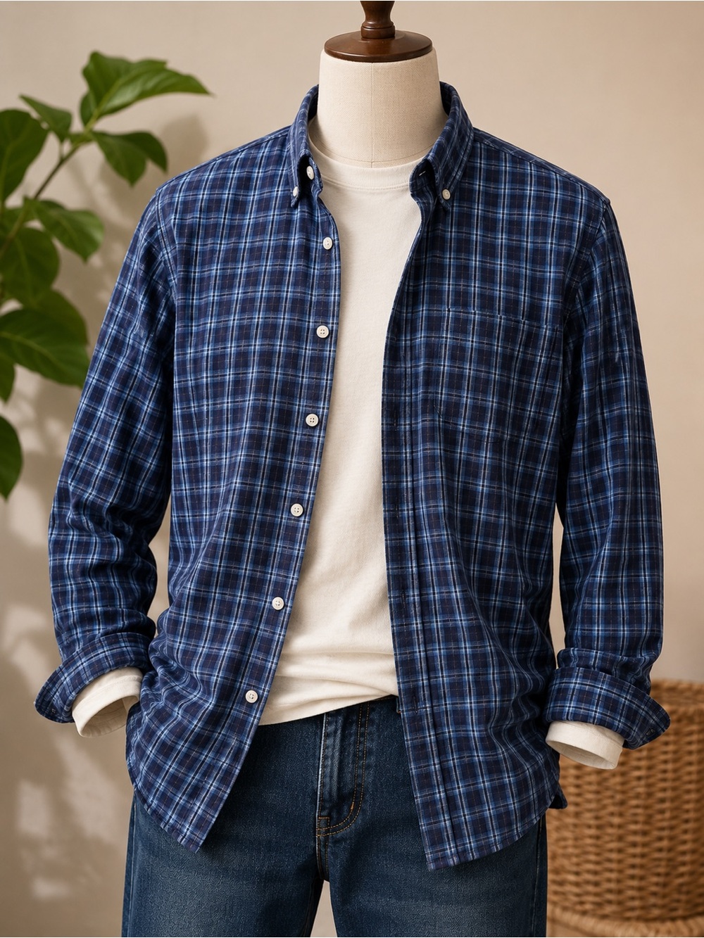 Lands’ End Blue Plaid Button Down Shirt Men’s Large Cotton